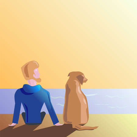 Man and dog on the beach.のイラスト素材