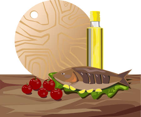 Fish, olive oil and tomatoes on the table.のイラスト素材