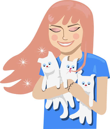 Happy girl hugging kittensのイラスト素材
