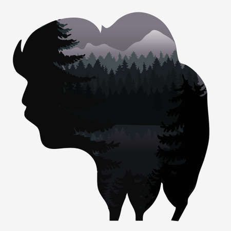 double exposure with bison in forest Vector illustration.のイラスト素材