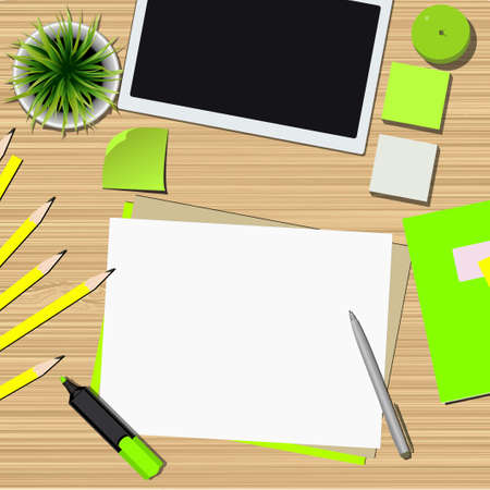 white sheet and stationery on a wooden table Vector illustration.のイラスト素材