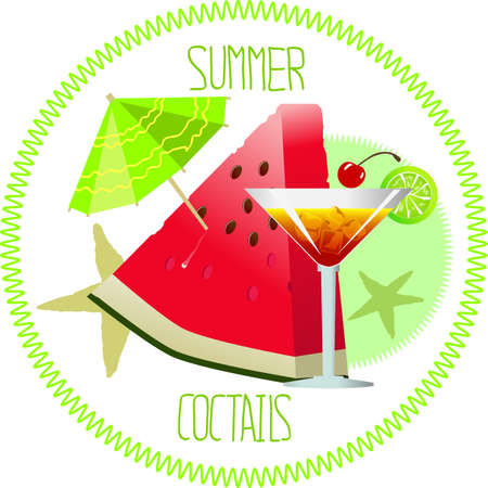 Juicy, ripe piece of watermelon, umbrella and a cocktail on a white backgroundのイラスト素材