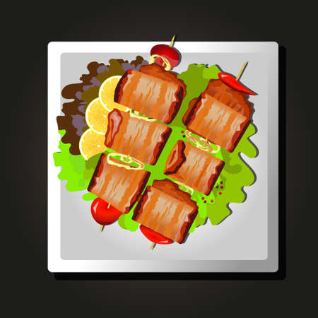 Dish of meat on skewers, tomatoes and herbsのイラスト素材