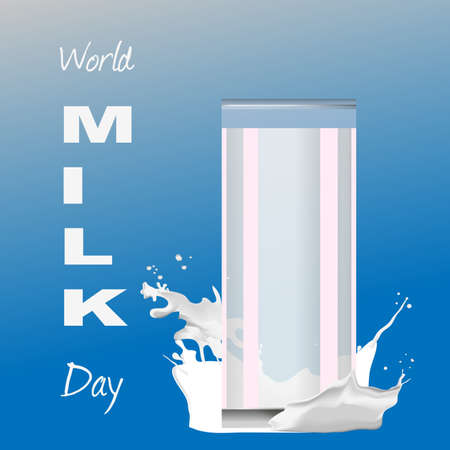 Postcard world milk day on a blue background with splashes of milk.のイラスト素材