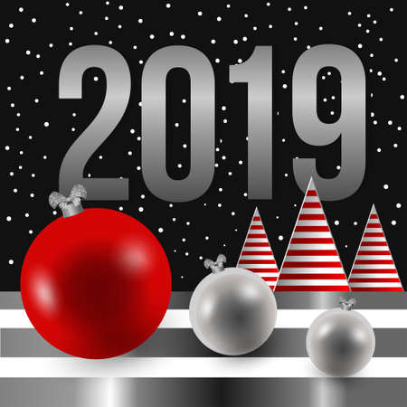 New 2019 year. Christmas card, striped Christmas tree and Christmas toys.のイラスト素材