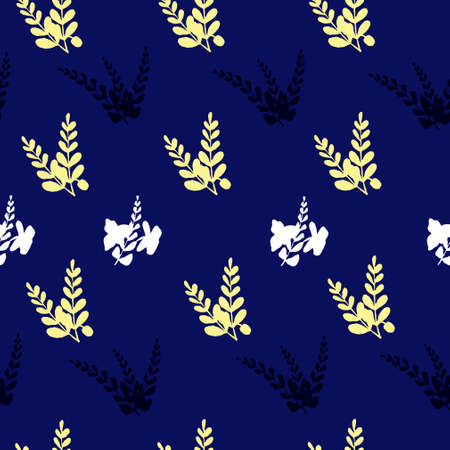 Blue seamless pattern of orchids and leaves. Vector illustration.