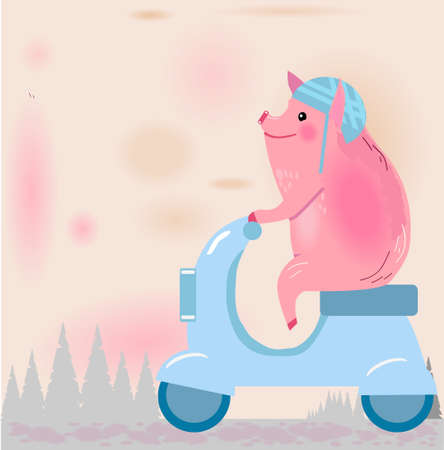 Pig on a motorcycle with flowers. Pig rides through the forest. Vector illustration.のイラスト素材