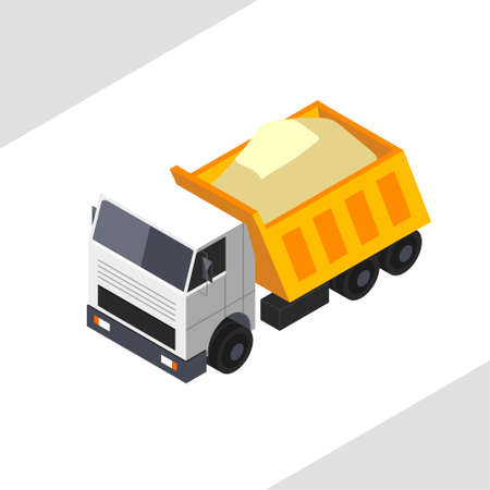 Orange dump truck carries sand. Vector isometric projection.のイラスト素材