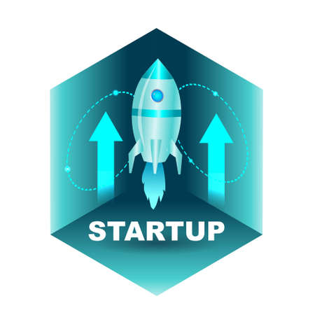 Banner startup with a rocket. Vector isometric illustration.のイラスト素材