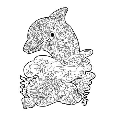 Coloring for adults-stress. Graphics illustration of a dolphin in a white background.のイラスト素材