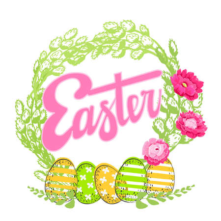 Postcard with willow and Easter eggsのイラスト素材