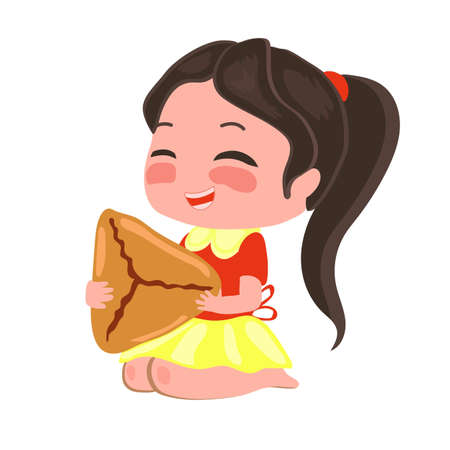 Girl in a skirt eats samosa with pleasure. Illustration with Asian food.のイラスト素材