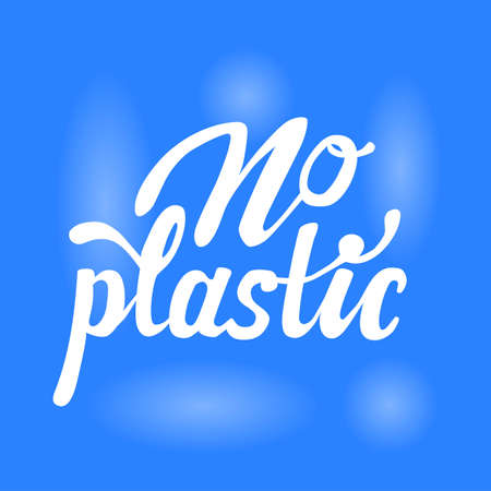 Flyer dedicated to the fight against plastic. Hand drawn lettering no plastic on blue background.のイラスト素材