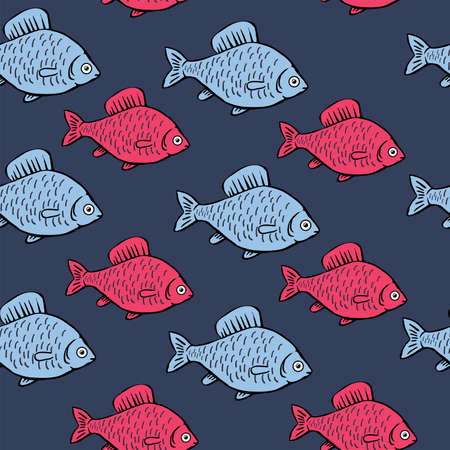 Seamless pattern with blue and pink fish on blue background. Cartoon background with fish.のイラスト素材