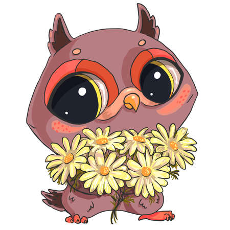 Cute owl with a bouquet of field daisies isolated on a white background ..のイラスト素材
