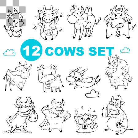 Set of funny black and white cows and bulls isolated on a white backgroundのイラスト素材