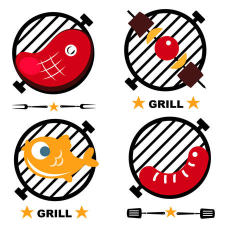 Grill set with steak, sausages, fish and vegetables on skewers.Symbol of a grilled steak.のイラスト素材