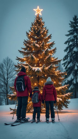 Family on New Year's Eve Vacation at Ski Resort, Mom, Dad and Child Skiing in Snowy Mountains, Mountain and Christmas Tree Background.の素材