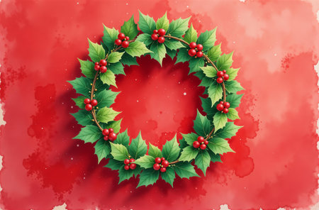 Decorated with Christmas tree branches and mistletoe, red wall with free space for text.の素材