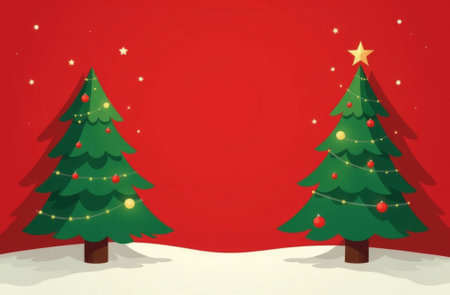 Two decorated Christmas trees with gifts standing in the snow on red background, New Year card with free space for text.の素材