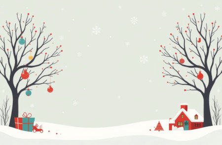 Two decorated Christmas trees with gifts standing in the snow on white background, New Year card with free space for text.の素材