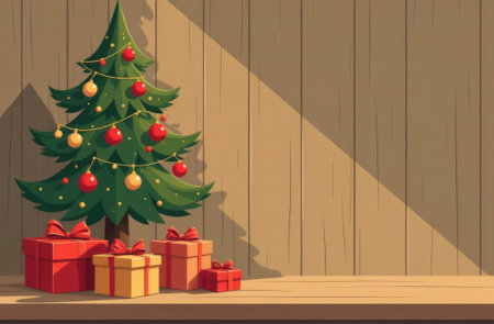 Decorated Christmas tree with gifts stand on wooden background, New Year card with free space for text.の素材