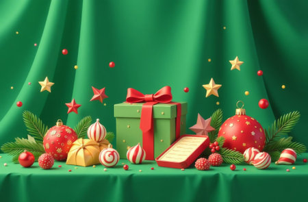 Still life of gifts boxes, New Year toys and Christmas tree standing on table, green drapery.の素材