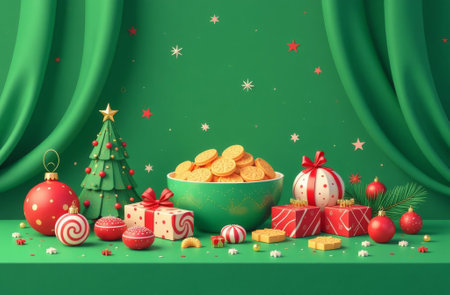 Still life of gifts boxes, New Year toys and Christmas tree standing on table, green drapery.の素材