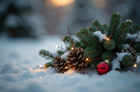 Christmas tree branch decorated with garland, ball and cones lies in the forest in winter on the snow, a bright New Year day.の素材