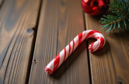 Christmas Lollipop Lying On Wooden Table, New Year Still Life with candy cane.の素材