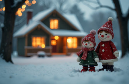 New Year toy figures stand in the snow against the background of decorated house with Christmas lights.の素材
