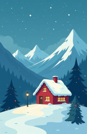 Wooden house in snowy mountains in winter, cottage in snow standing in ski resort during starry night, high mountain peaks.の素材