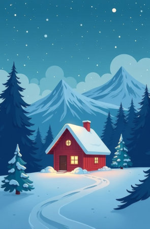 Wooden house in snowy mountains in winter, cottage in snow standing in ski resort during starry night, high mountain peaks.の素材