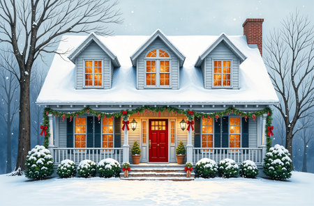 Facade of the house in the evening of snowy winter, decor with Christmas garland, New Year Eve, snow outside.の素材