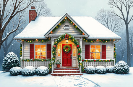 Facade of the house in the evening of snowy winter, decor with Christmas garland, New Year Eve, snow outside.の素材