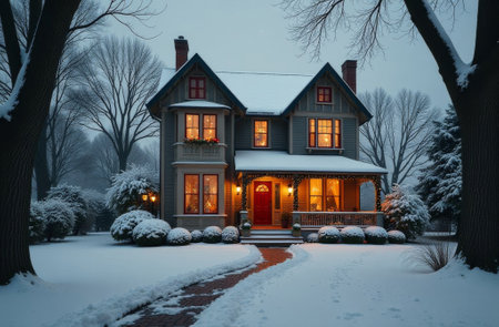 Facade of the house in the evening of snowy winter, decor with Christmas garland, New Year Eve, snow outside.の素材