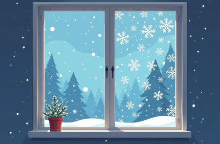 Windowsill inside the house, outside the window snowy winter, forest and Christmas trees.の素材