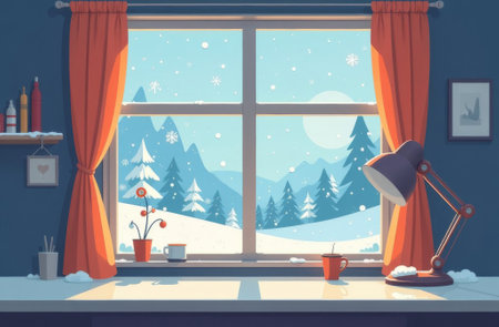 Desk and windowsill inside the house, outside the window snowy winter, forest and Christmas trees.の素材