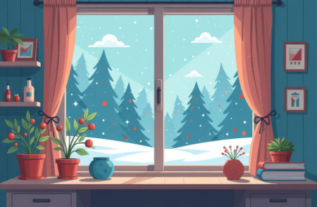 Windowsill inside the house, outside the window snowy winter, forest and Christmas trees.の素材