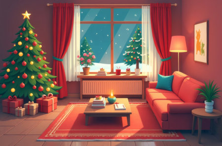 New Year interior of the living room in the house, a decorated Christmas tree stands indoors, outside the window is winter snowy evening.の素材