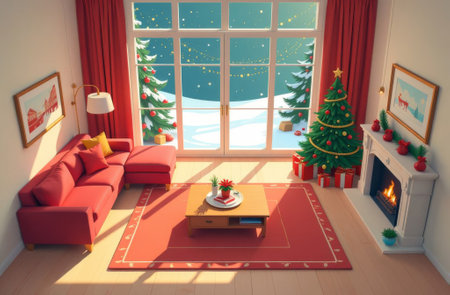 New Year interior of the living room in the house, a decorated Christmas tree stands indoors, outside the window is winter snowy evening.の素材