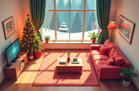 New Year interior of the living room in the house, a decorated Christmas tree stands indoors, outside the window is winter snowy evening.の素材