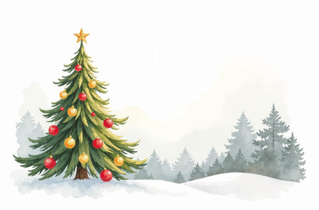 Decorated Christmas tree with wrapped gifts standing in the forest on the snow, New Year Eve, holiday card.の素材