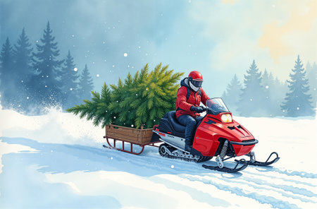 Man ride snowmobile and carries Christmas tree through snowy winter forest.の素材