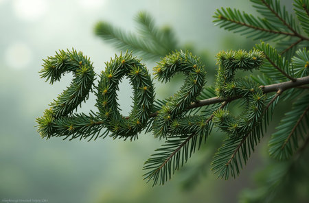 2025 Spruce Branch Lettering, Christmas Tree Background.の素材