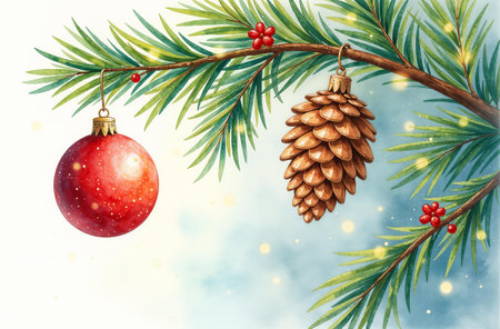 Christmas ball hanging on decorated branch, close-up, free space for text.の素材