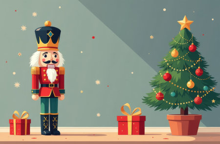 New Year still life, Christmas tree, nutcracker and gifts stand on wooden table, space for text.の素材