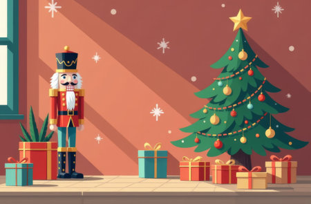 New Year still life, Christmas tree, nutcracker and gifts stand on wooden table, space for text.の素材