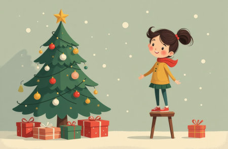 Child is standing on stool and reciting New Year poem, Christmas tree decorated garlands and wrapped gifts are standing on the floor, girl in yellow dress.の素材
