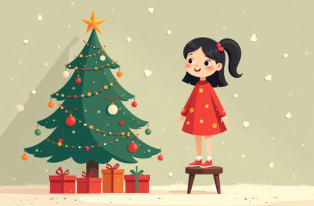 Child is standing on stool and reciting New Year poem, Christmas tree decorated garlands and wrapped gifts are standing on the floor, girl in a red dress.の素材